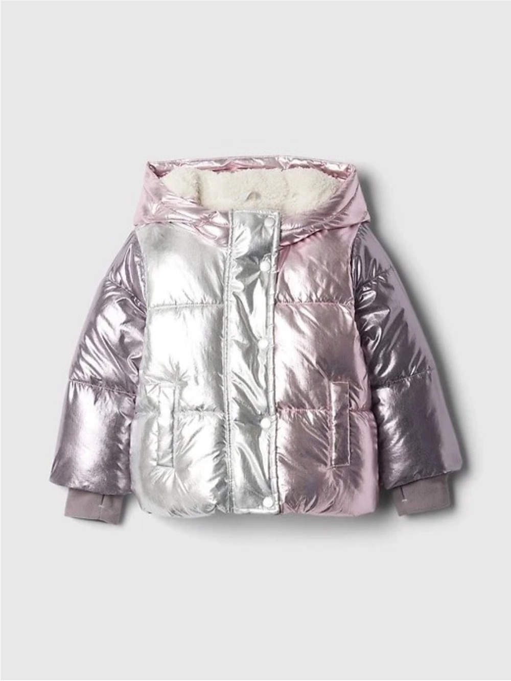 GAP Metallic Colorblock Puffer Sherpa Jacket - Pink & Silver 3T